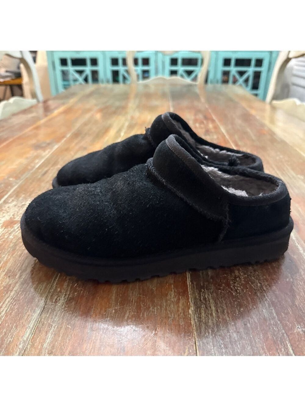 UGG Black Suede Shearling Lined Clog Slippers Size 9 - Picture 2 of 10